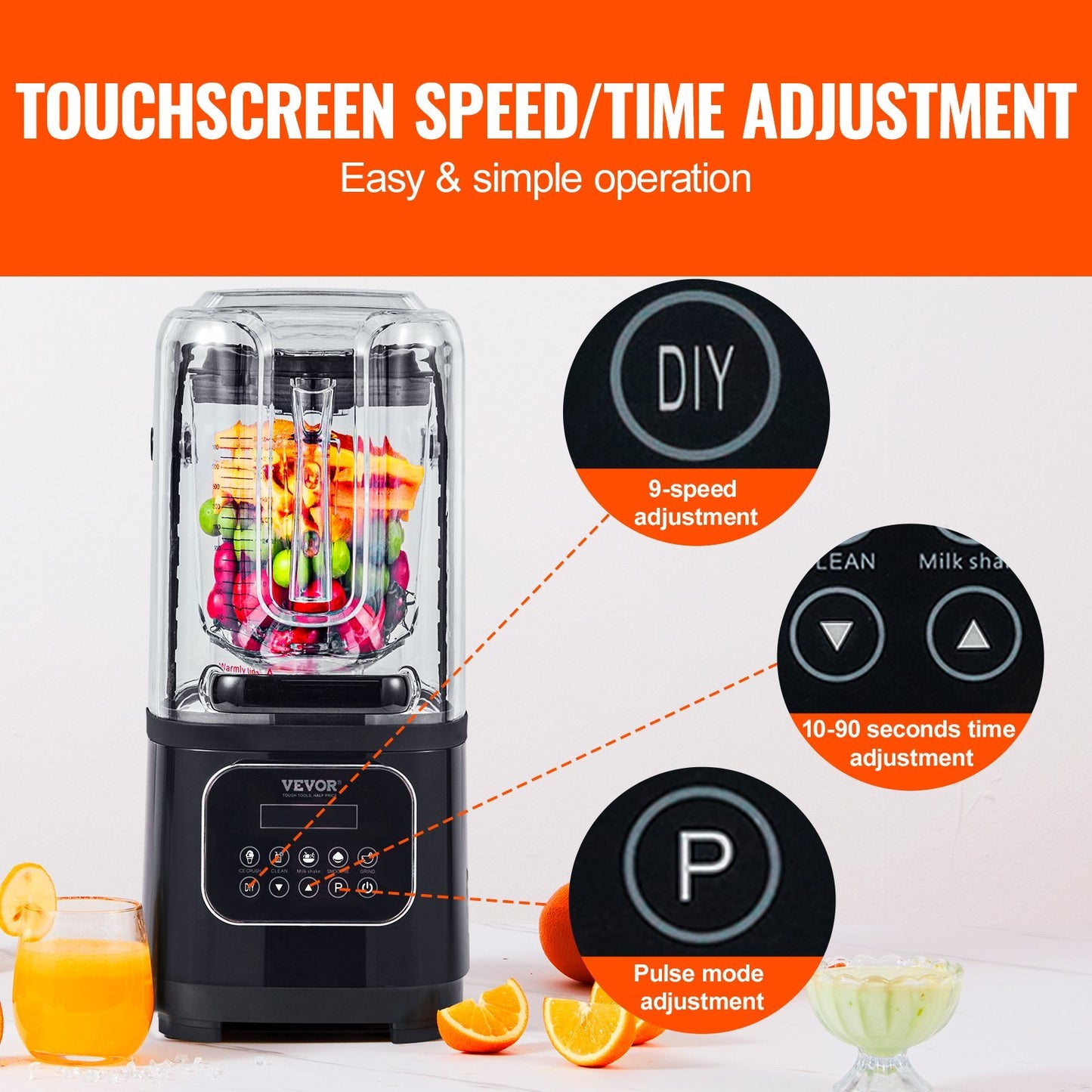 VEVOR Professional Blender With Shield, Commercial Countertop Blenders, 68 Oz Blender Combo, Stainless Steel 9 Speed & 5 Functions Blender, For Shakes, Smoothies, Peree, And Crush Ice, Black