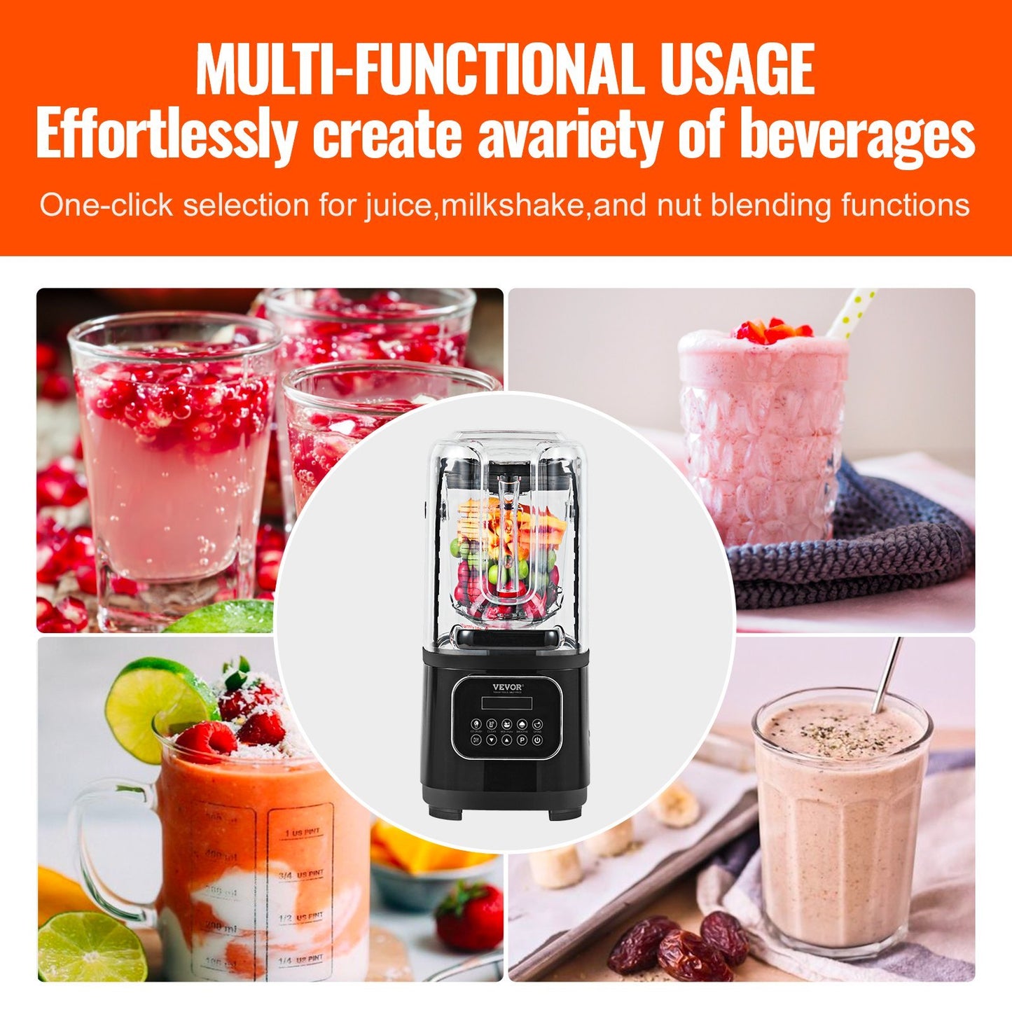 VEVOR Professional Blender With Shield, Commercial Countertop Blenders, 68 Oz Blender Combo, Stainless Steel 9 Speed & 5 Functions Blender, For Shakes, Smoothies, Peree, And Crush Ice, Black
